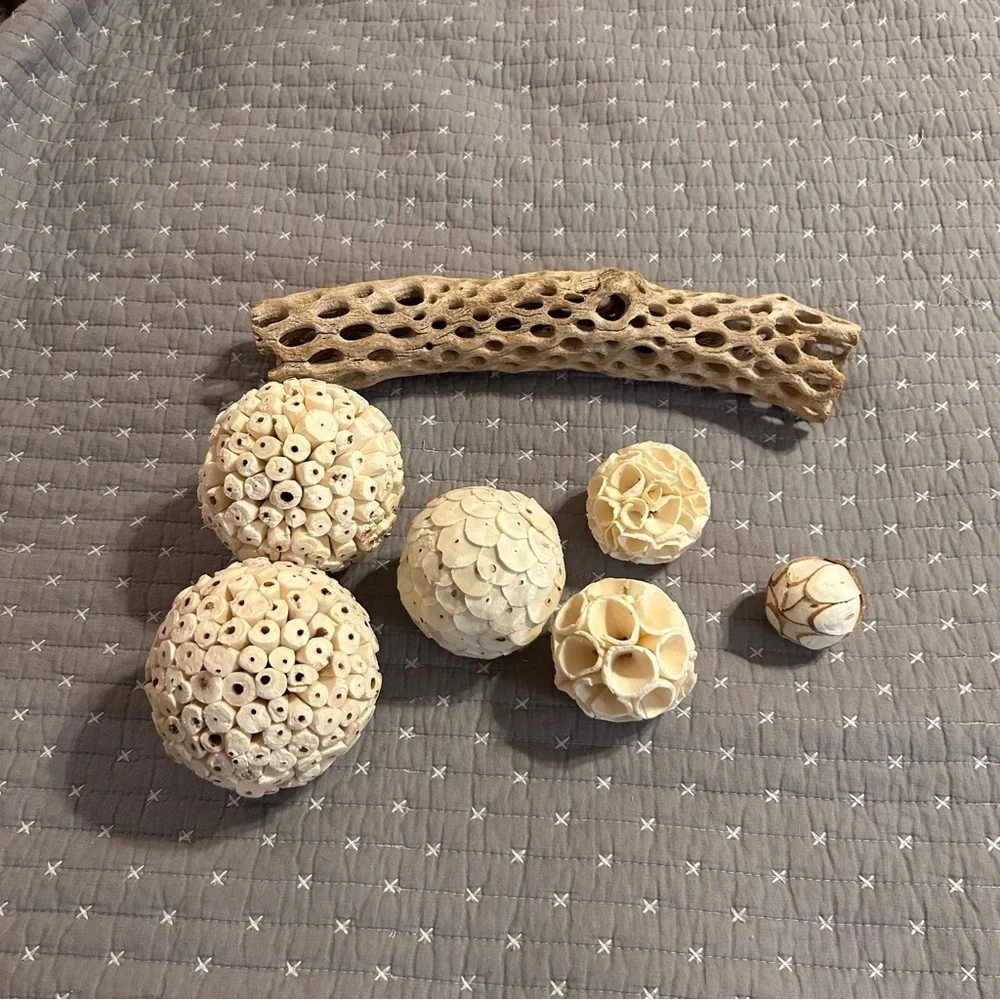 Decorative Natural Textured Spheres and Faux Drift Wood Decor - 7pc Set